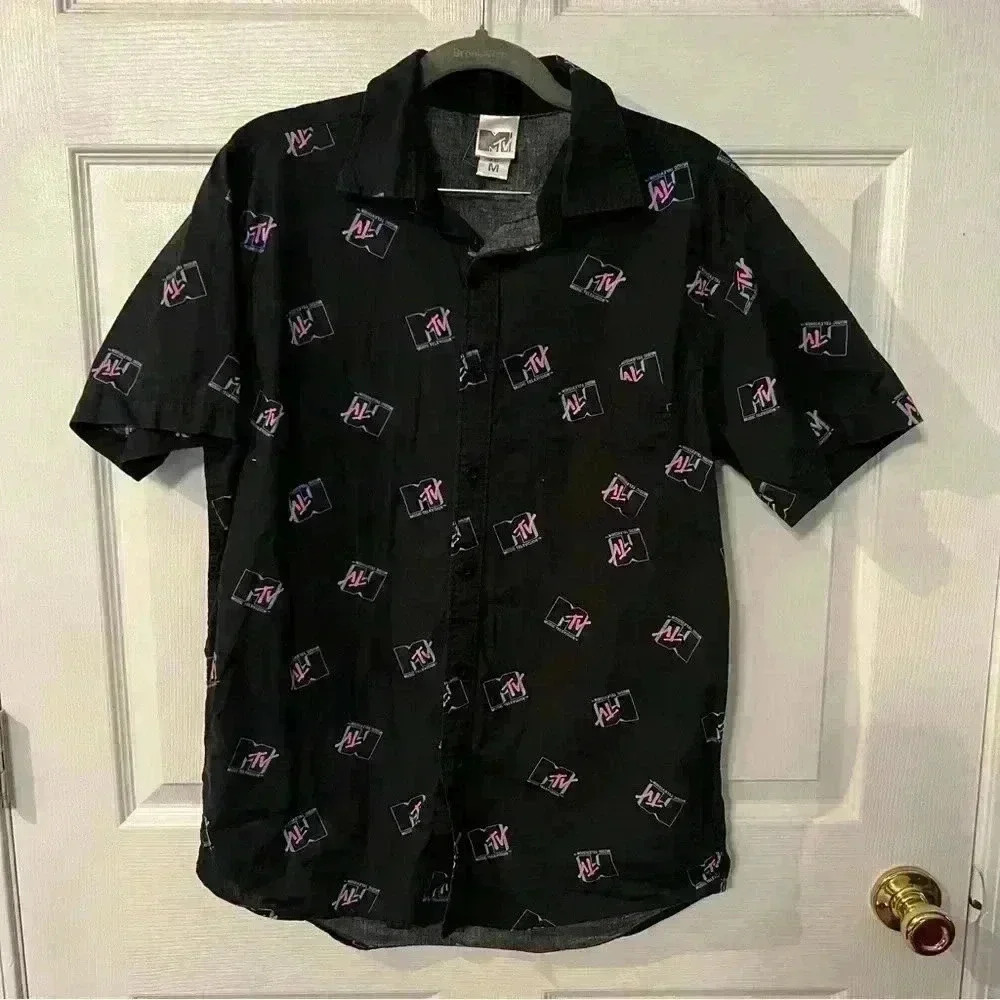 MTV Black Short Sleeved Button Down shirt with Retro Pink Logo, Mens Size Medium